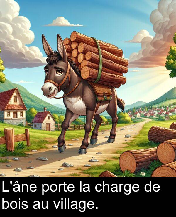 village: L'âne porte la charge de bois au village.