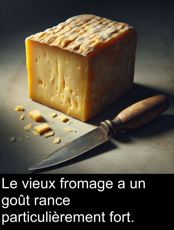 goût: Le vieux fromage a un goût rance particulièrement fort.