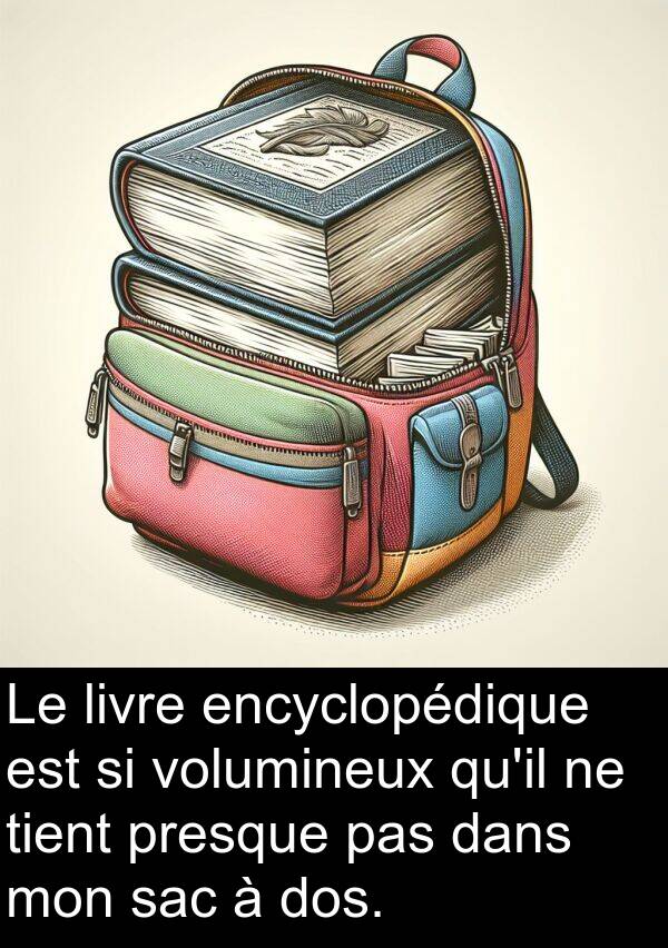 tient: Le livre encyclopédique est si volumineux qu'il ne tient presque pas dans mon sac à dos.