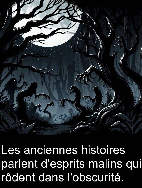 histoires: Les anciennes histoires parlent d'esprits malins qui rôdent dans l'obscurité.