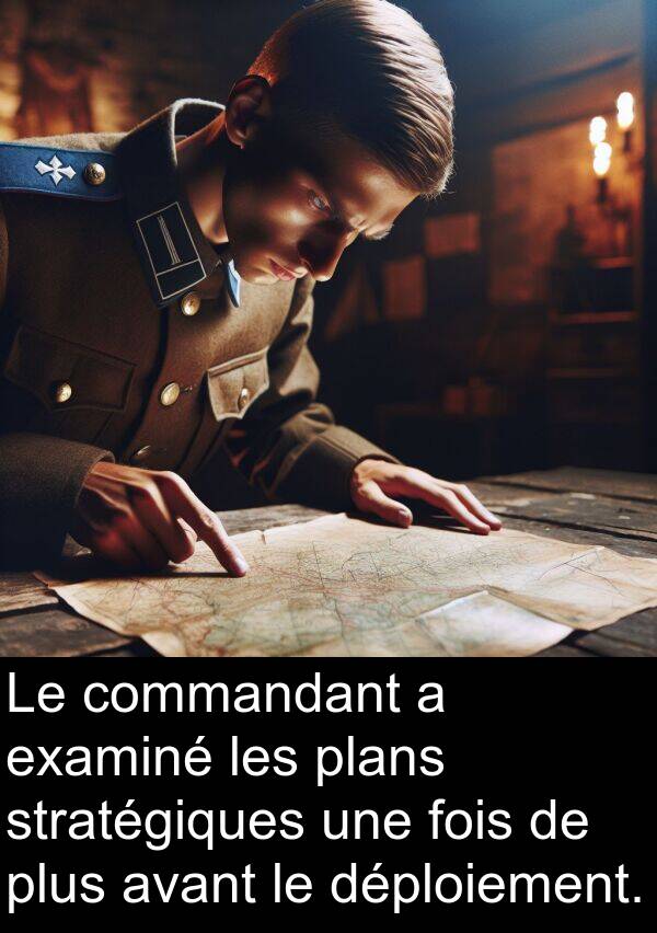 avant: Le commandant a examiné les plans stratégiques une fois de plus avant le déploiement.