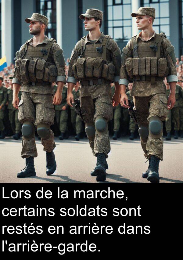 marche: Lors de la marche, certains soldats sont restés en arrière dans l'arrière-garde.