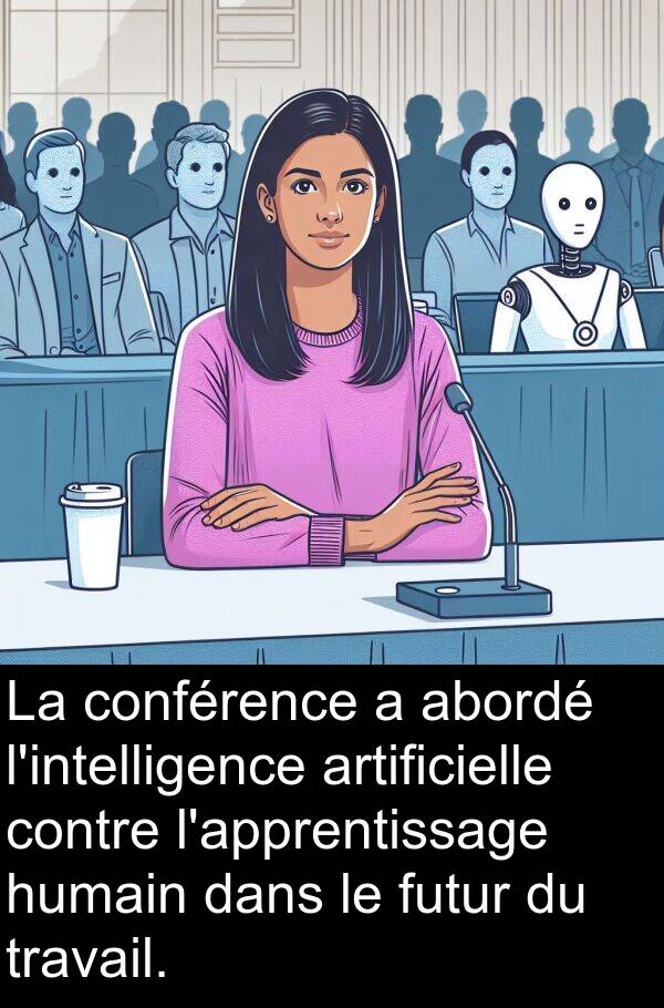 abordé: La conférence a abordé l'intelligence artificielle contre l'apprentissage humain dans le futur du travail.