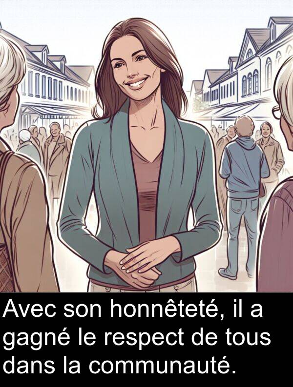 honnêteté: Avec son honnêteté, il a gagné le respect de tous dans la communauté.