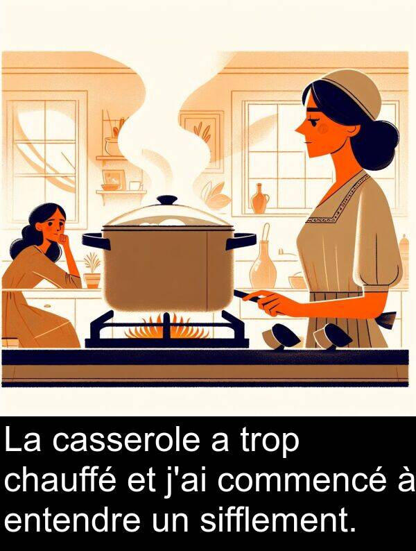 trop: La casserole a trop chauffé et j'ai commencé à entendre un sifflement.