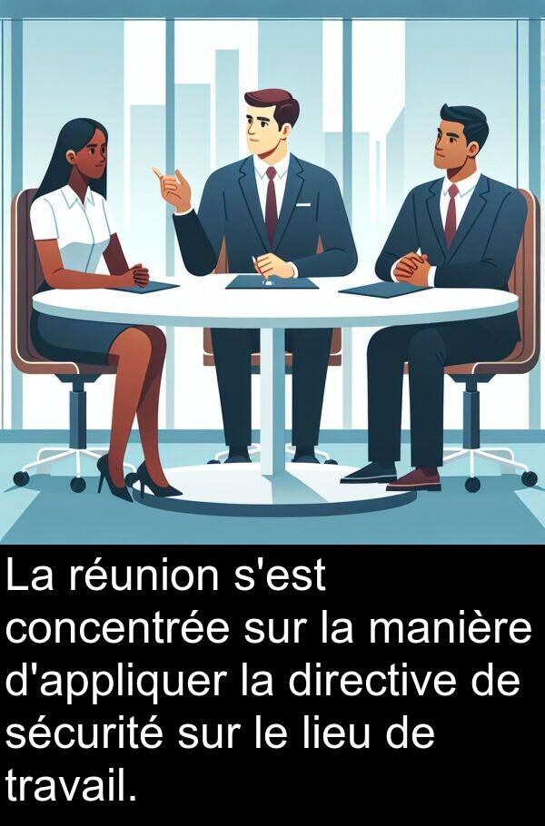 lieu: La réunion s'est concentrée sur la manière d'appliquer la directive de sécurité sur le lieu de travail.