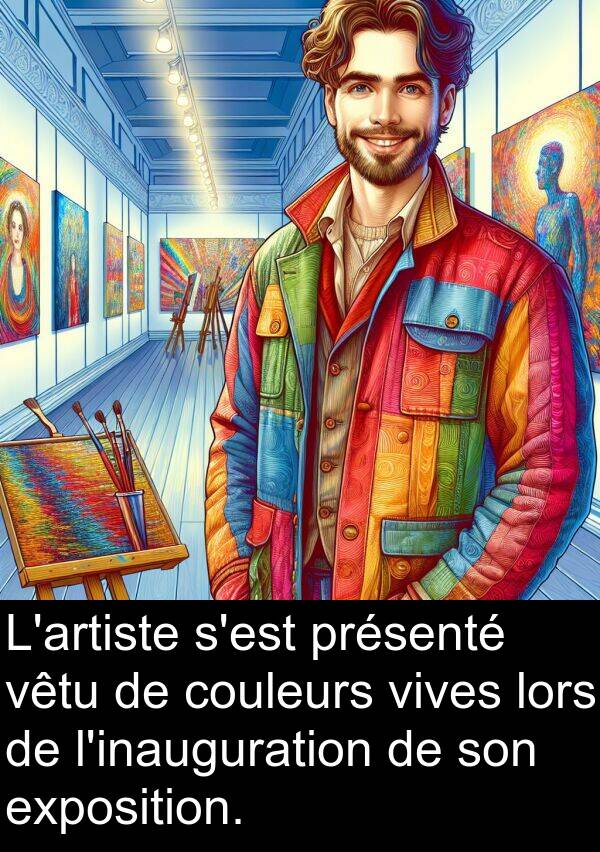 vêtu: L'artiste s'est présenté vêtu de couleurs vives lors de l'inauguration de son exposition.