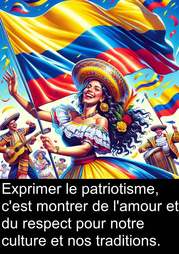 respect: Exprimer le patriotisme, c'est montrer de l'amour et du respect pour notre culture et nos traditions.