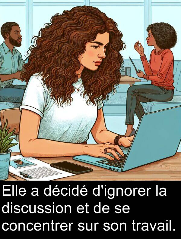 travail: Elle a décidé d'ignorer la discussion et de se concentrer sur son travail.