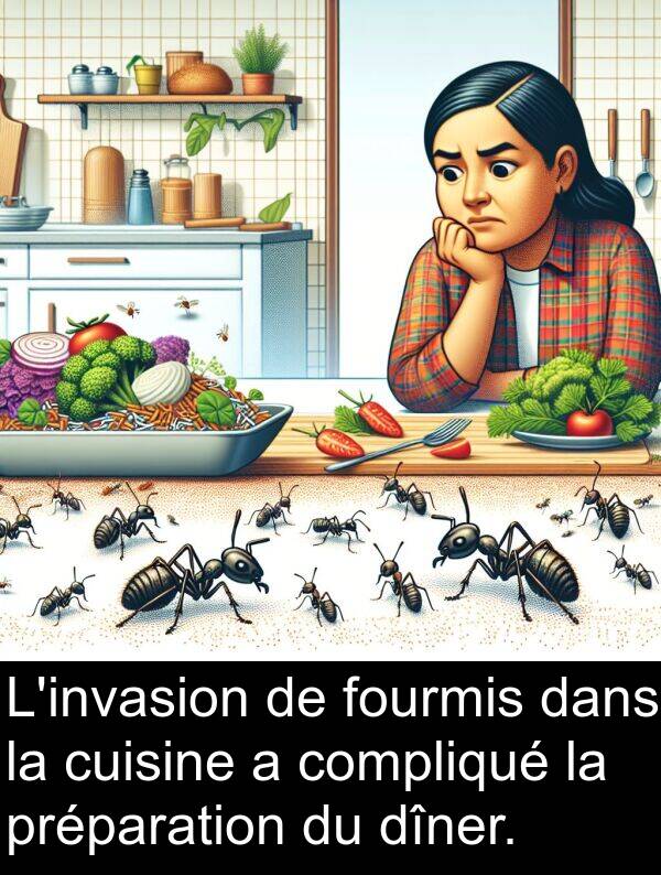 fourmis: L'invasion de fourmis dans la cuisine a compliqué la préparation du dîner.