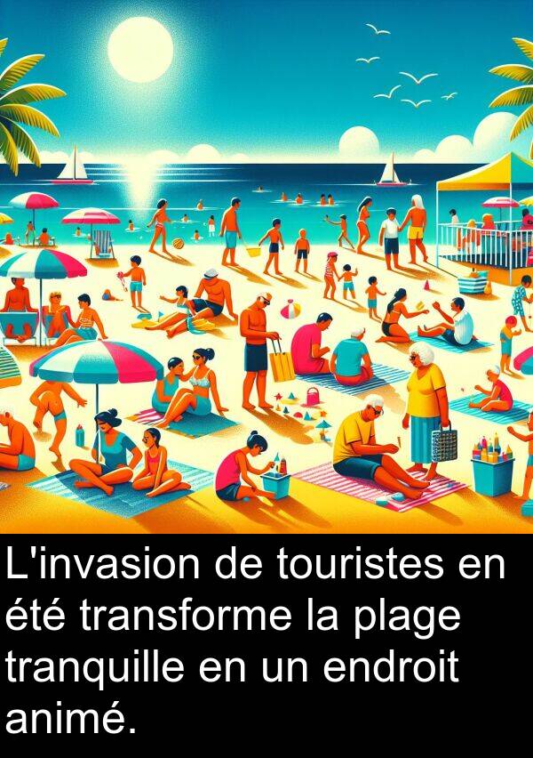 animé: L'invasion de touristes en été transforme la plage tranquille en un endroit animé.