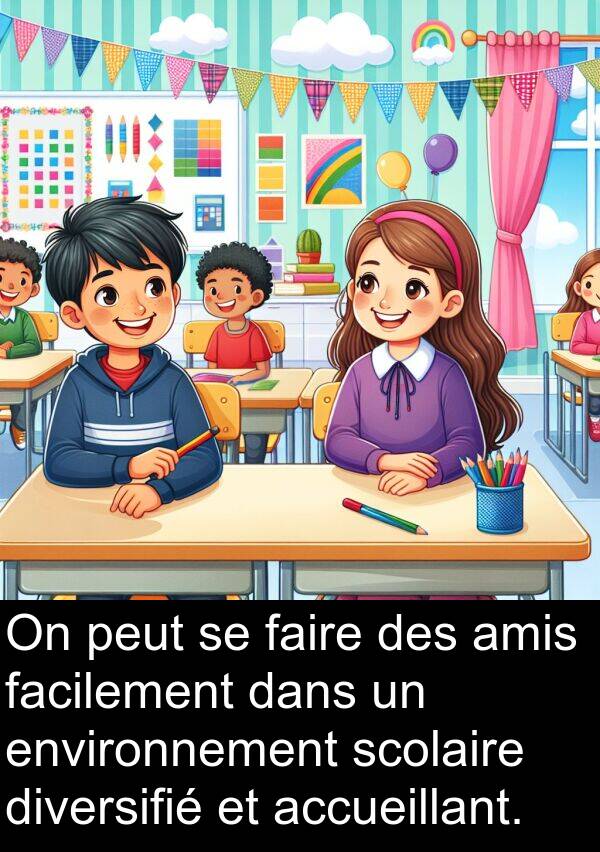 facilement: On peut se faire des amis facilement dans un environnement scolaire diversifié et accueillant.