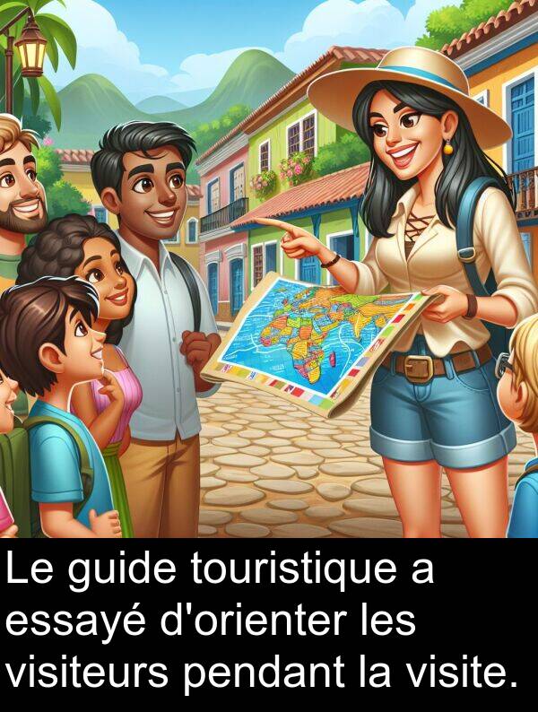 pendant: Le guide touristique a essayé d'orienter les visiteurs pendant la visite.