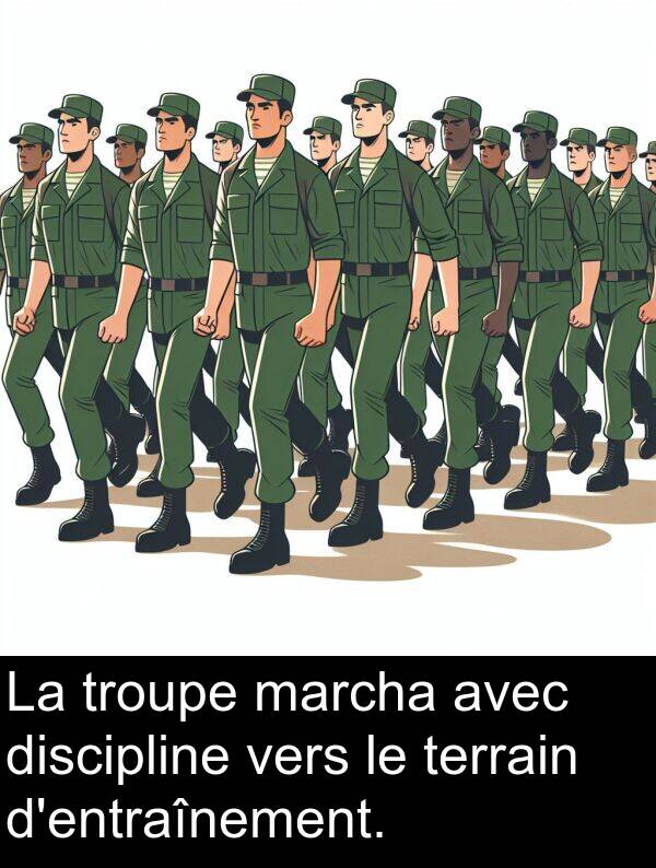 marcha: La troupe marcha avec discipline vers le terrain d'entraînement.