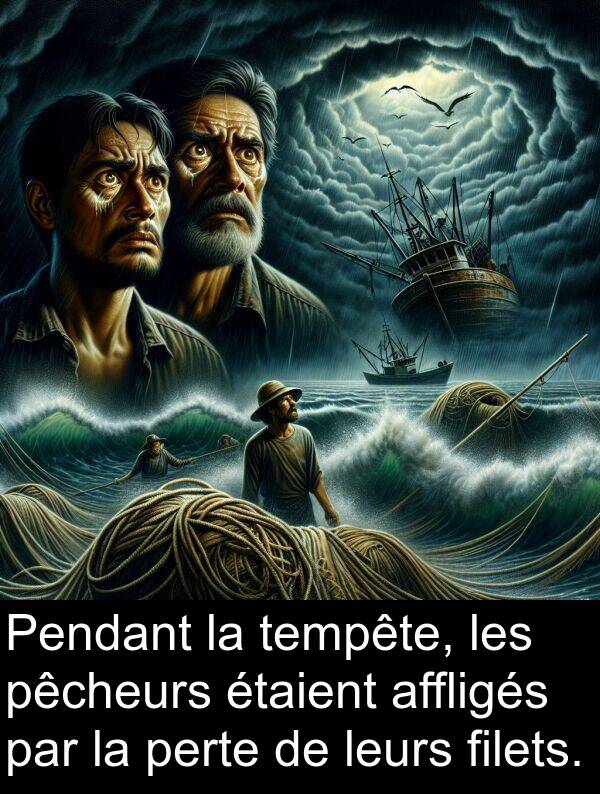 filets: Pendant la tempête, les pêcheurs étaient affligés par la perte de leurs filets.