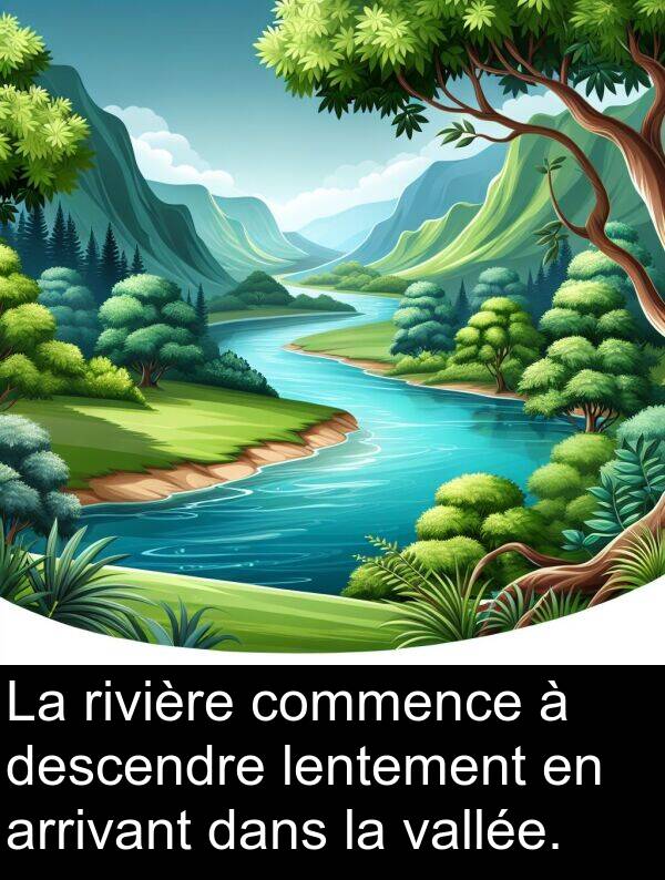 vallée: La rivière commence à descendre lentement en arrivant dans la vallée.