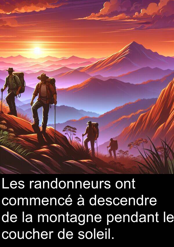 pendant: Les randonneurs ont commencé à descendre de la montagne pendant le coucher de soleil.