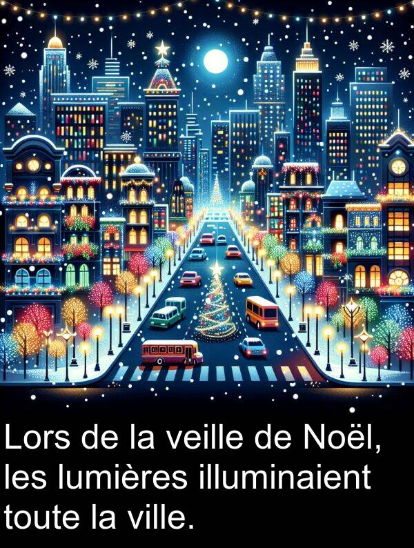 veille: Lors de la veille de Noël, les lumières illuminaient toute la ville.