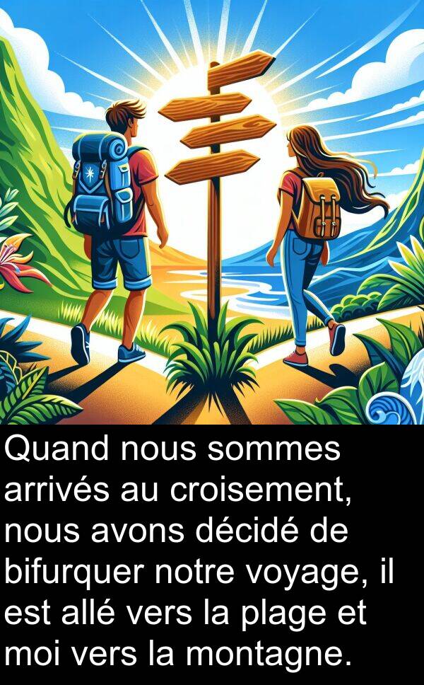 arrivés: Quand nous sommes arrivés au croisement, nous avons décidé de bifurquer notre voyage, il est allé vers la plage et moi vers la montagne.