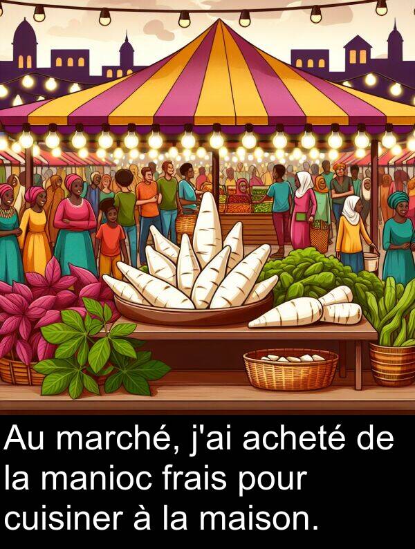 acheté: Au marché, j'ai acheté de la manioc frais pour cuisiner à la maison.