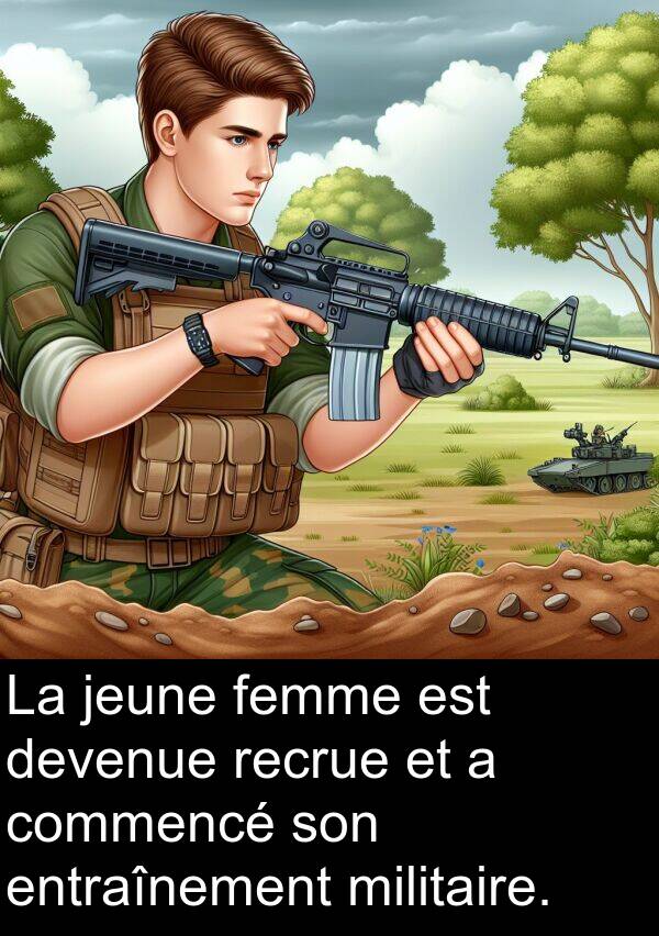 militaire: La jeune femme est devenue recrue et a commencé son entraînement militaire.