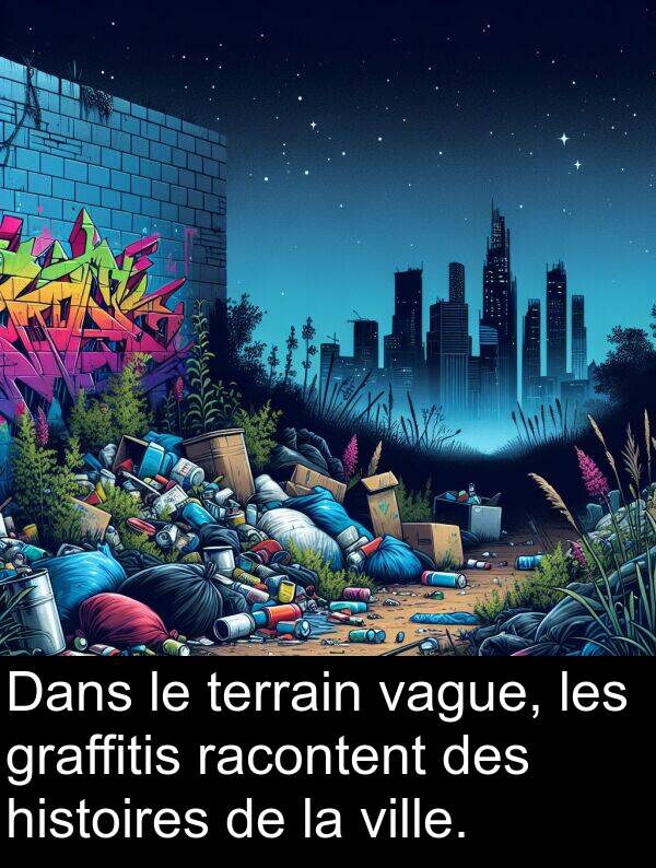 graffitis: Dans le terrain vague, les graffitis racontent des histoires de la ville.