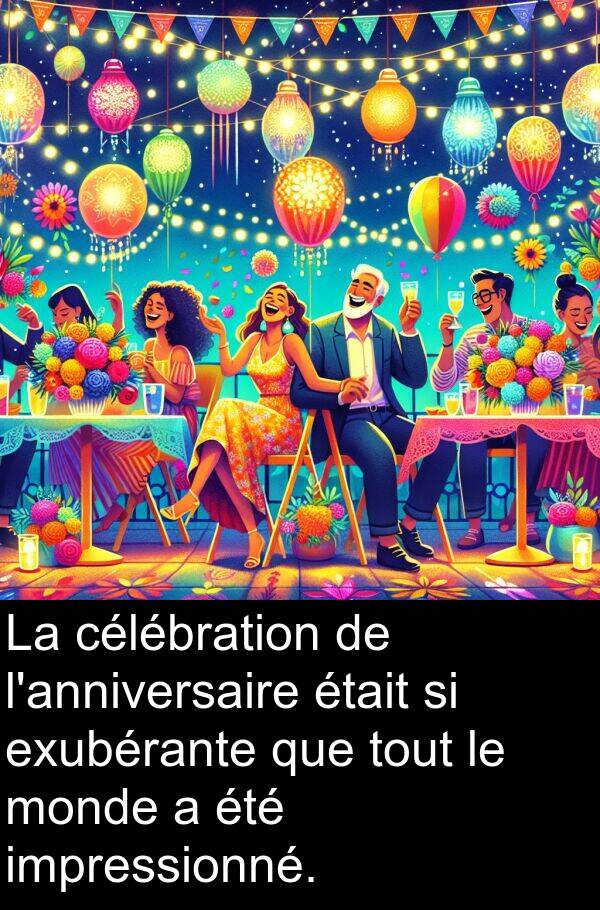 impressionné: La célébration de l'anniversaire était si exubérante que tout le monde a été impressionné.