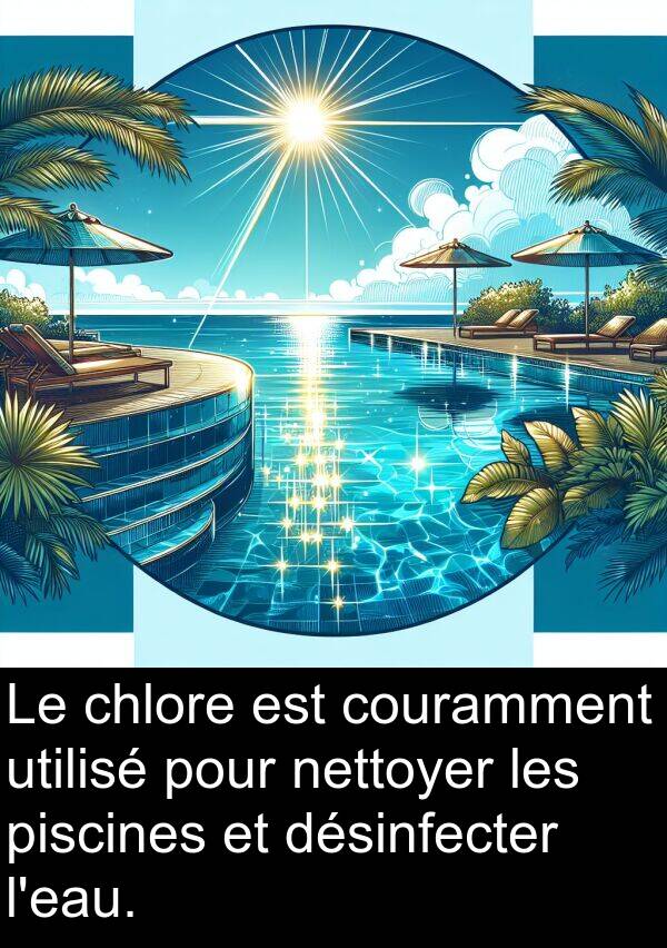 utilisé: Le chlore est couramment utilisé pour nettoyer les piscines et désinfecter l'eau.