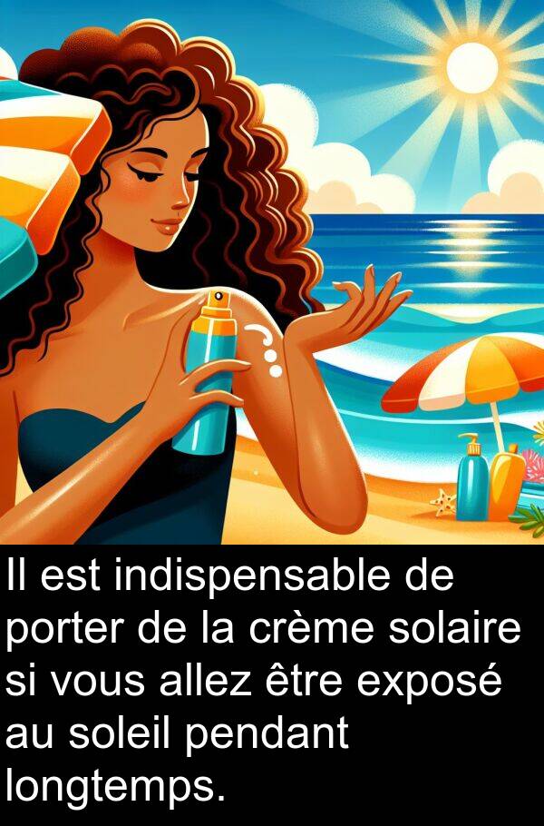 porter: Il est indispensable de porter de la crème solaire si vous allez être exposé au soleil pendant longtemps.