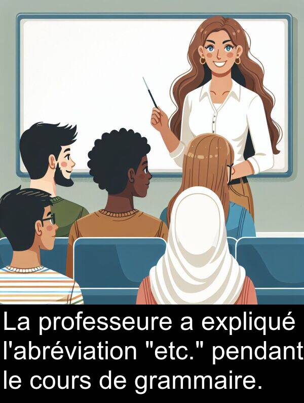 grammaire: La professeure a expliqué l'abréviation "etc." pendant le cours de grammaire.