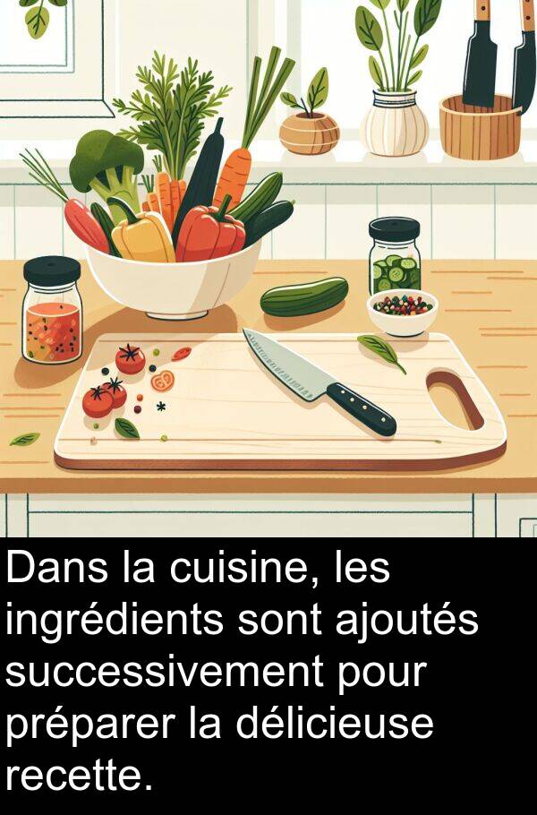 recette: Dans la cuisine, les ingrédients sont ajoutés successivement pour préparer la délicieuse recette.