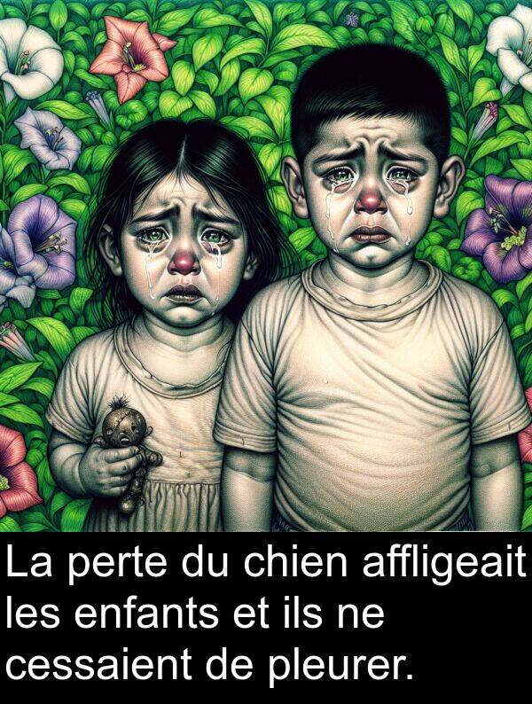 perte: La perte du chien affligeait les enfants et ils ne cessaient de pleurer.