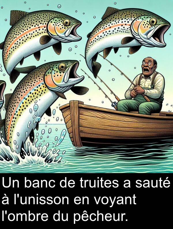 sauté: Un banc de truites a sauté à l'unisson en voyant l'ombre du pêcheur.