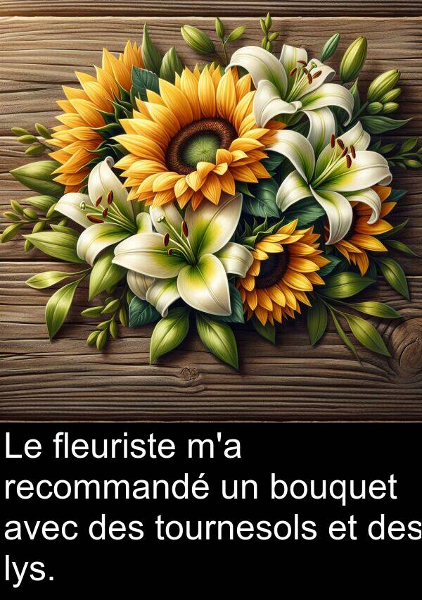 recommandé: Le fleuriste m'a recommandé un bouquet avec des tournesols et des lys.