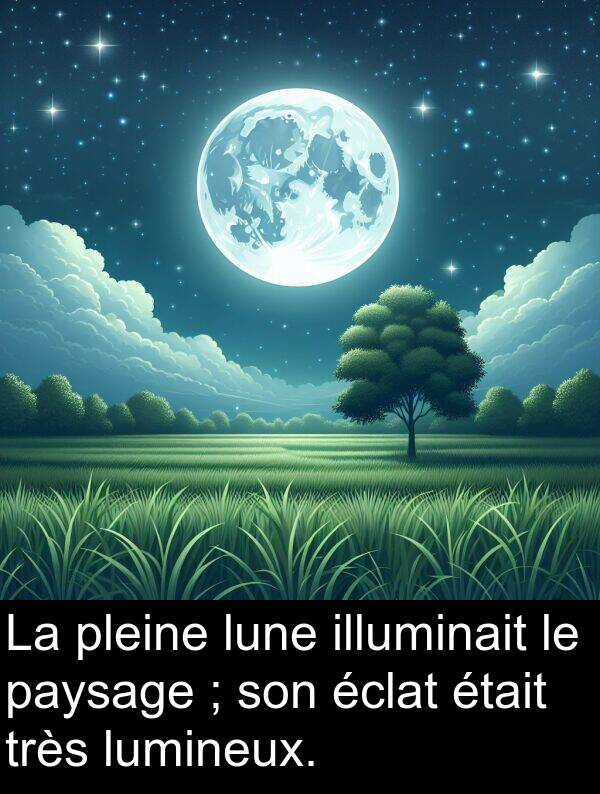 pleine: La pleine lune illuminait le paysage ; son éclat était très lumineux.