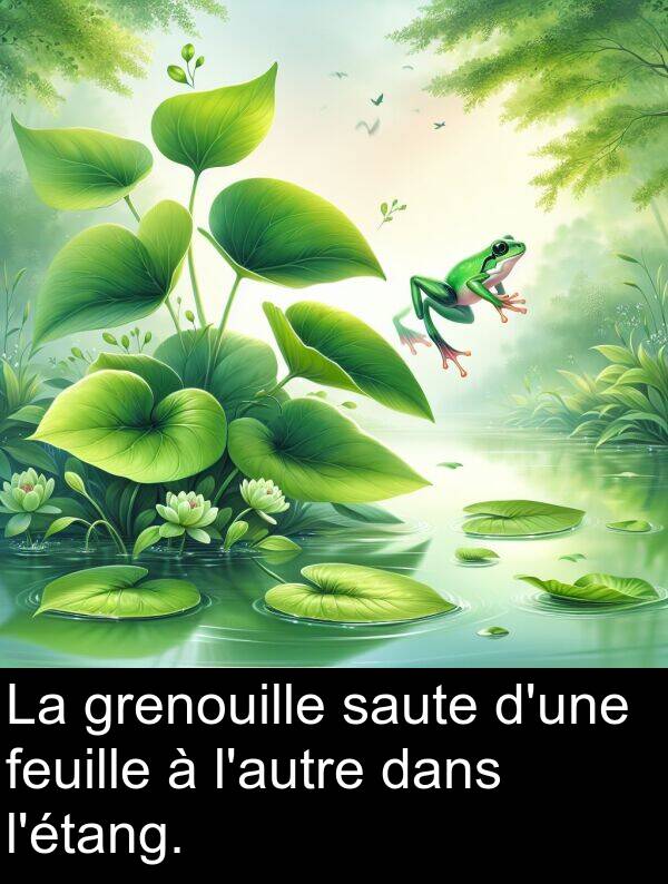 feuille: La grenouille saute d'une feuille à l'autre dans l'étang.