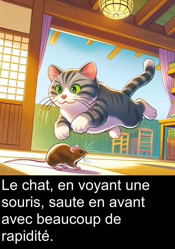 saute: Le chat, en voyant une souris, saute en avant avec beaucoup de rapidité.