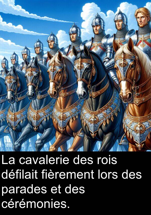 fièrement: La cavalerie des rois défilait fièrement lors des parades et des cérémonies.