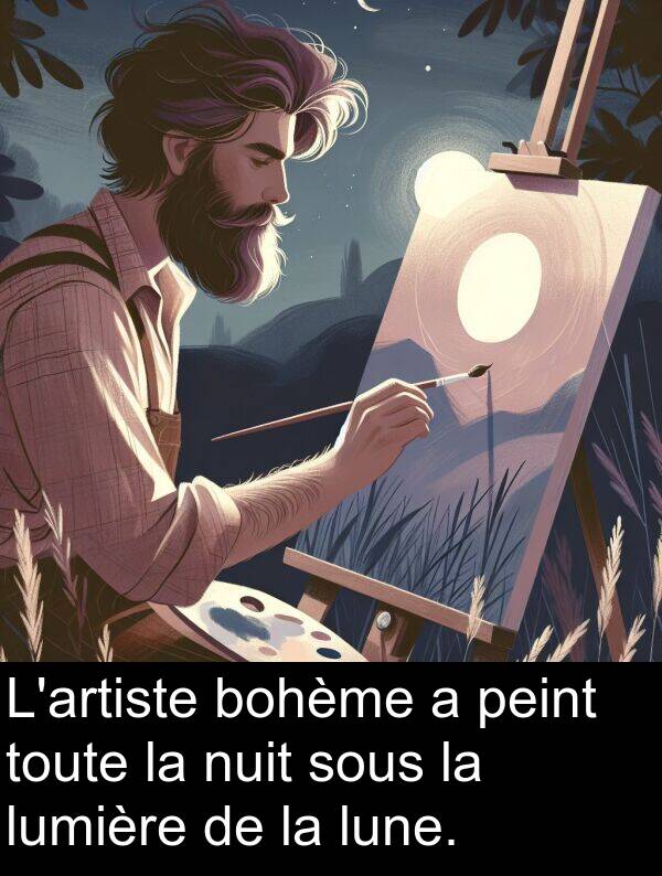 sous: L'artiste bohème a peint toute la nuit sous la lumière de la lune.