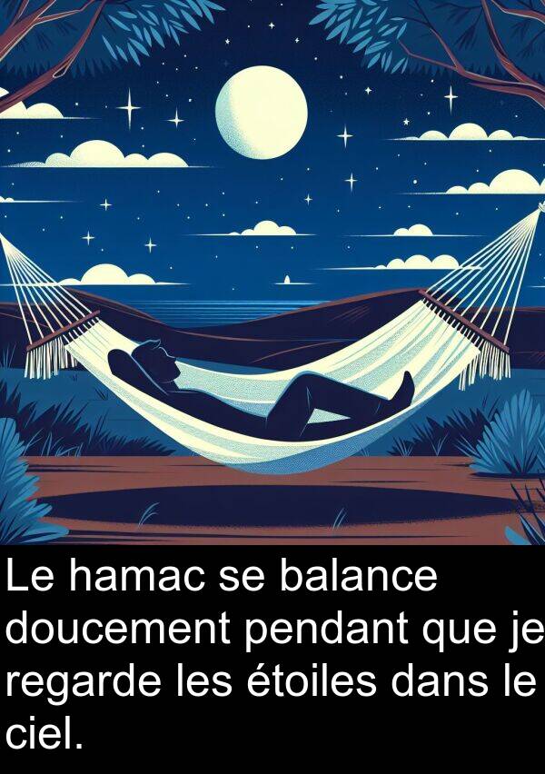 balance: Le hamac se balance doucement pendant que je regarde les étoiles dans le ciel.