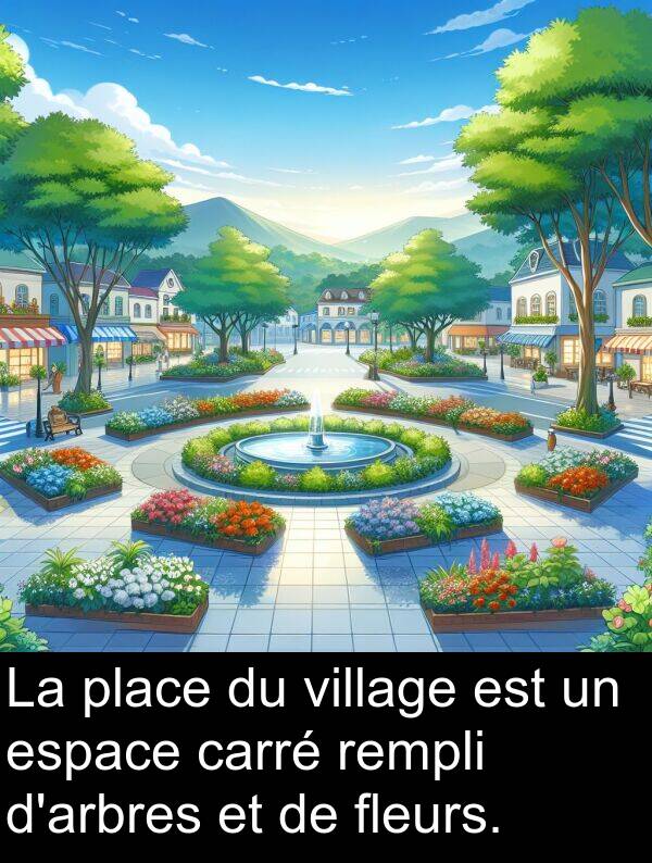 village: La place du village est un espace carré rempli d'arbres et de fleurs.