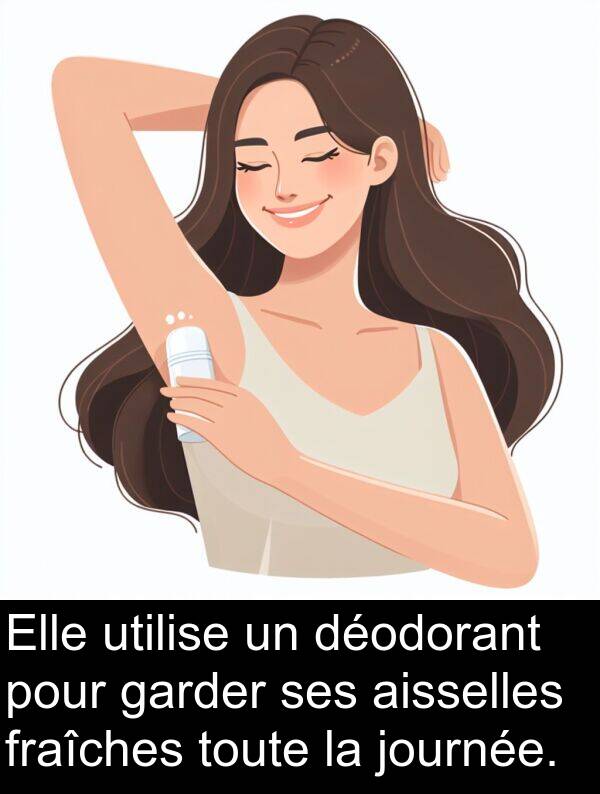 utilise: Elle utilise un déodorant pour garder ses aisselles fraîches toute la journée.