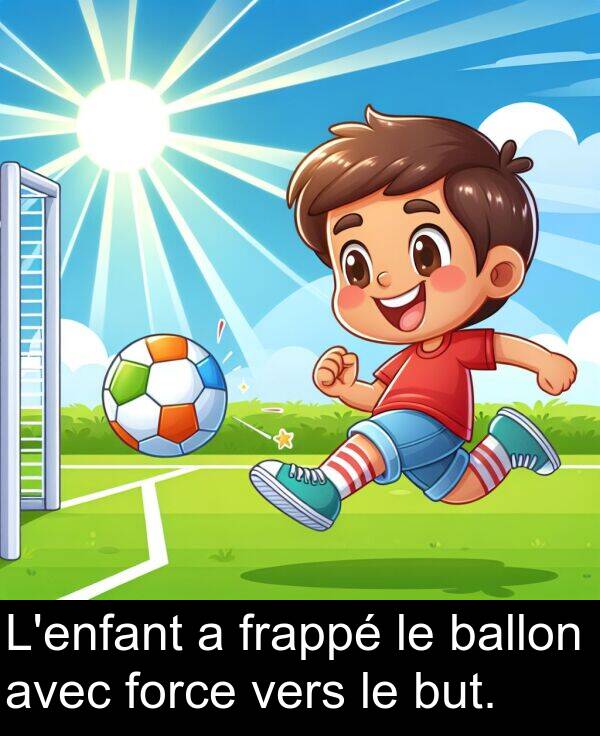 vers: L'enfant a frappé le ballon avec force vers le but.