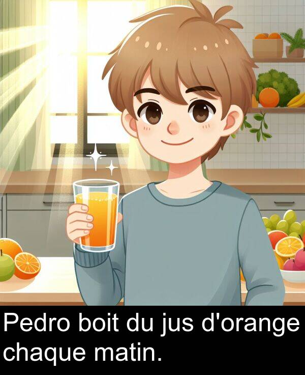 matin: Pedro boit du jus d'orange chaque matin.