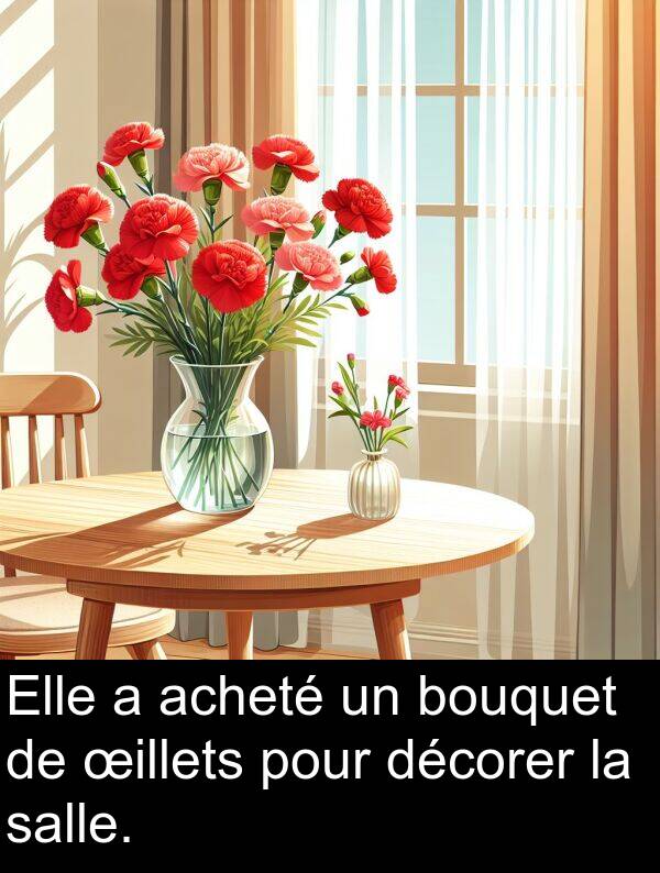 acheté: Elle a acheté un bouquet de œillets pour décorer la salle.