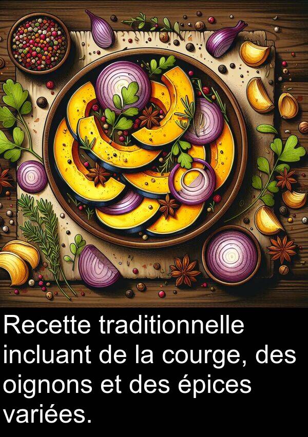 incluant: Recette traditionnelle incluant de la courge, des oignons et des épices variées.