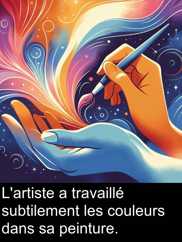 subtilement: L'artiste a travaillé subtilement les couleurs dans sa peinture.