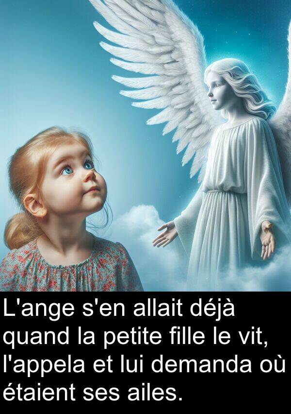 vit: L'ange s'en allait déjà quand la petite fille le vit, l'appela et lui demanda où étaient ses ailes.