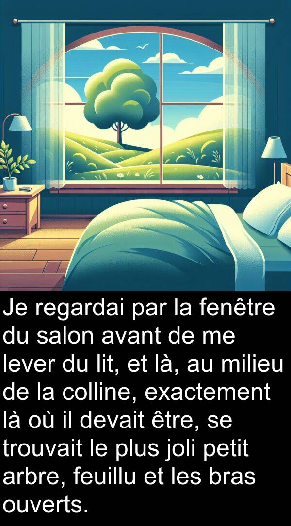 arbre: Je regardai par la fenêtre du salon avant de me lever du lit, et là, au milieu de la colline, exactement là où il devait être, se trouvait le plus joli petit arbre, feuillu et les bras ouverts.