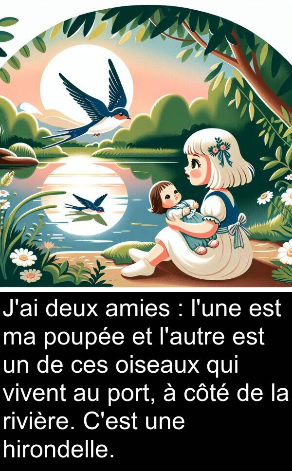 amies: J'ai deux amies : l'une est ma poupée et l'autre est un de ces oiseaux qui vivent au port, à côté de la rivière. C'est une hirondelle.